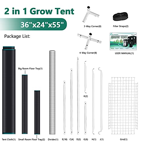 MARS HYDRO 2 in 1 Grow Tent, 36"x24"x55", 3x2 Reflective Mylar Grow Tents with Removable Floor Tray for Indoor Plant Growing Room for TS600/TS1000/SP150